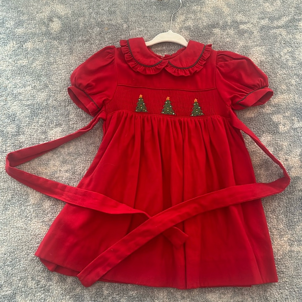 All Mine Baby Girl Dress Red Christmas Tree Embroidered Smocked 24 Months.